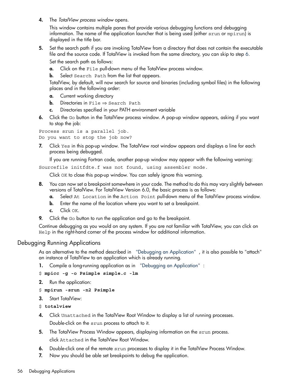 Debugging running applications | HP XC System 3.x Software User Manual | Page 56 / 118