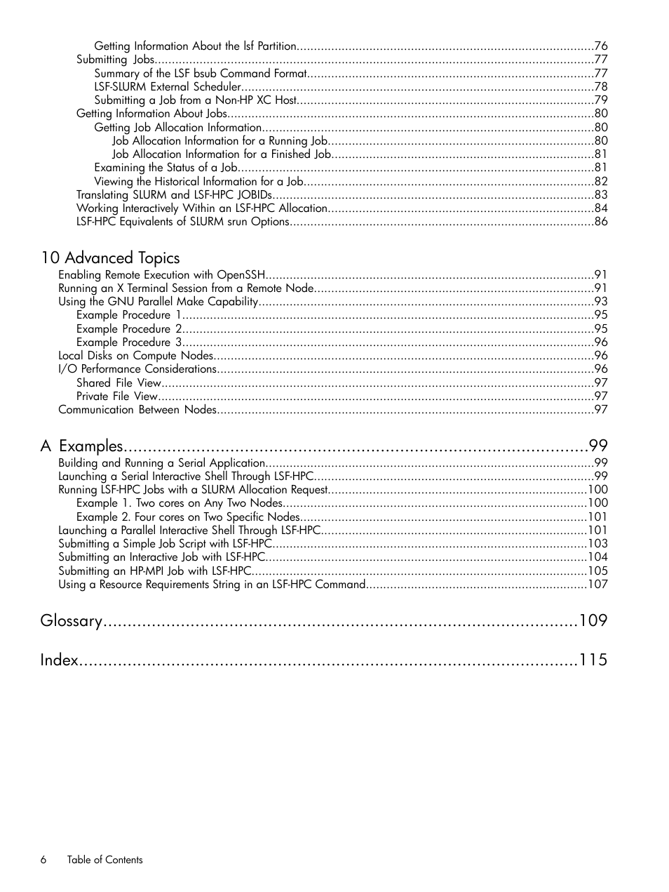 10 advanced topics, A examples, Glossary index | HP XC System 3.x Software User Manual | Page 6 / 118