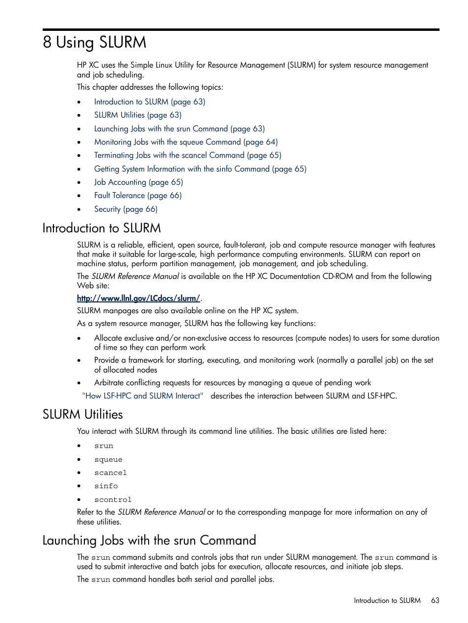 8 using slurm, Introduction to slurm, Slurm utilities | Launching jobs with the srun command, Chapter 8. using slurm, Using slurm | HP XC System 3.x Software User Manual | Page 63 / 118