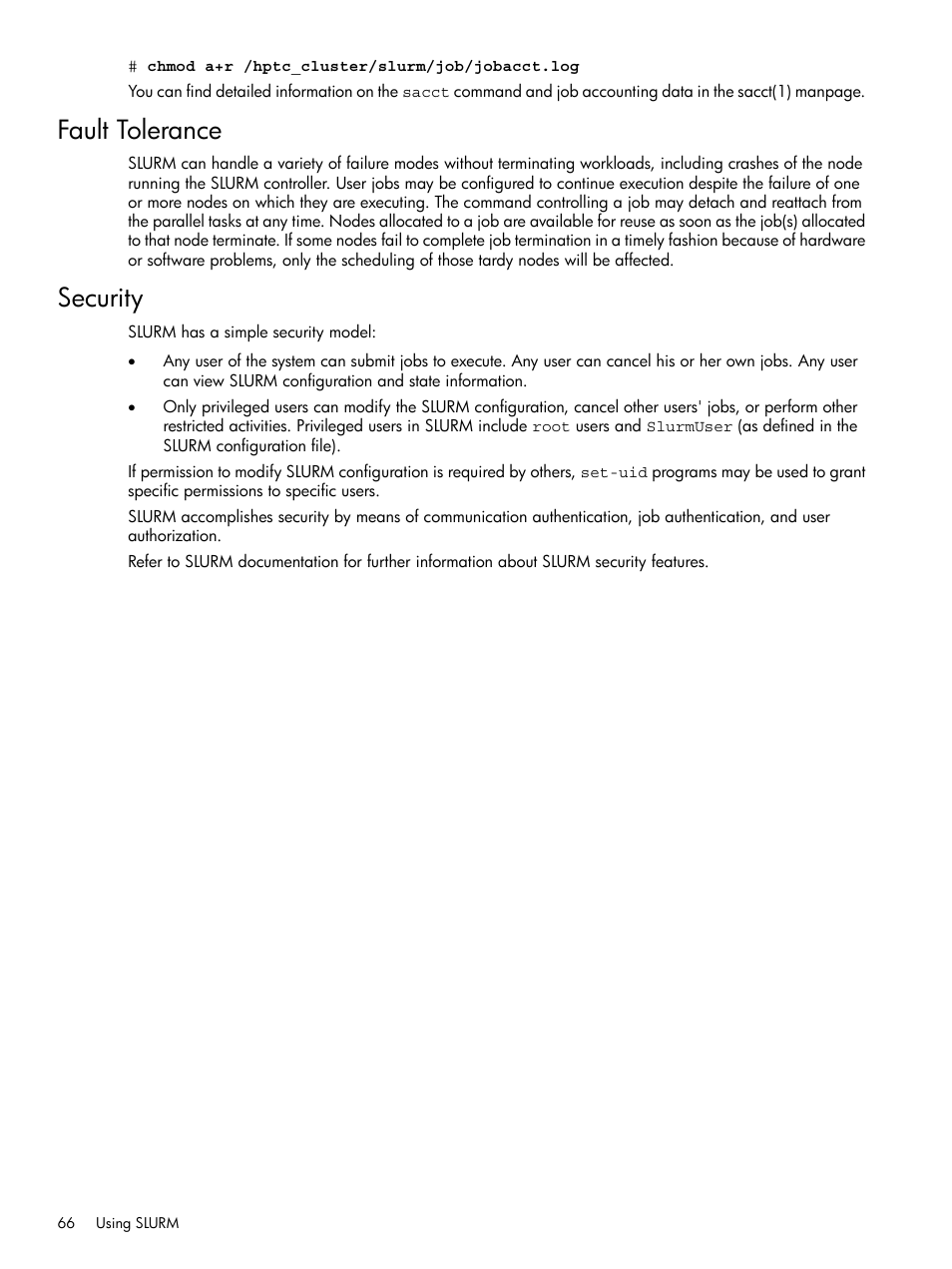 Fault tolerance, Security, Fault tolerance security | HP XC System 3.x Software User Manual | Page 66 / 118