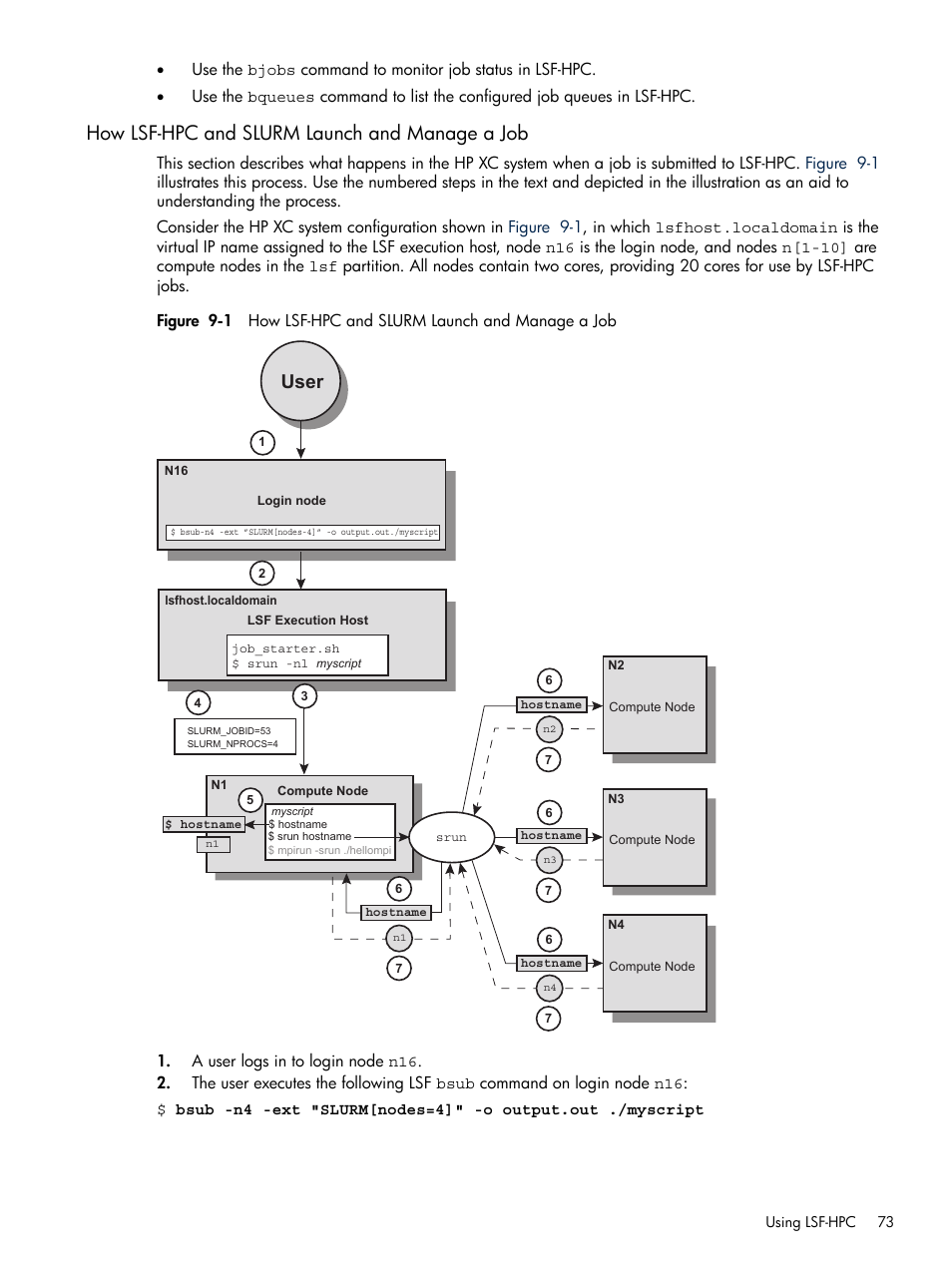 How lsf-hpc and slurm launch and manage a job, User | HP XC System 3.x Software User Manual | Page 73 / 118