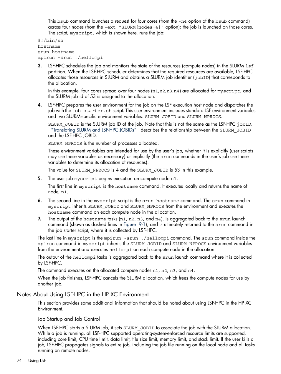 Notes about using lsf-hpc in the hp xc environment, Job startup and job control | HP XC System 3.x Software User Manual | Page 74 / 118