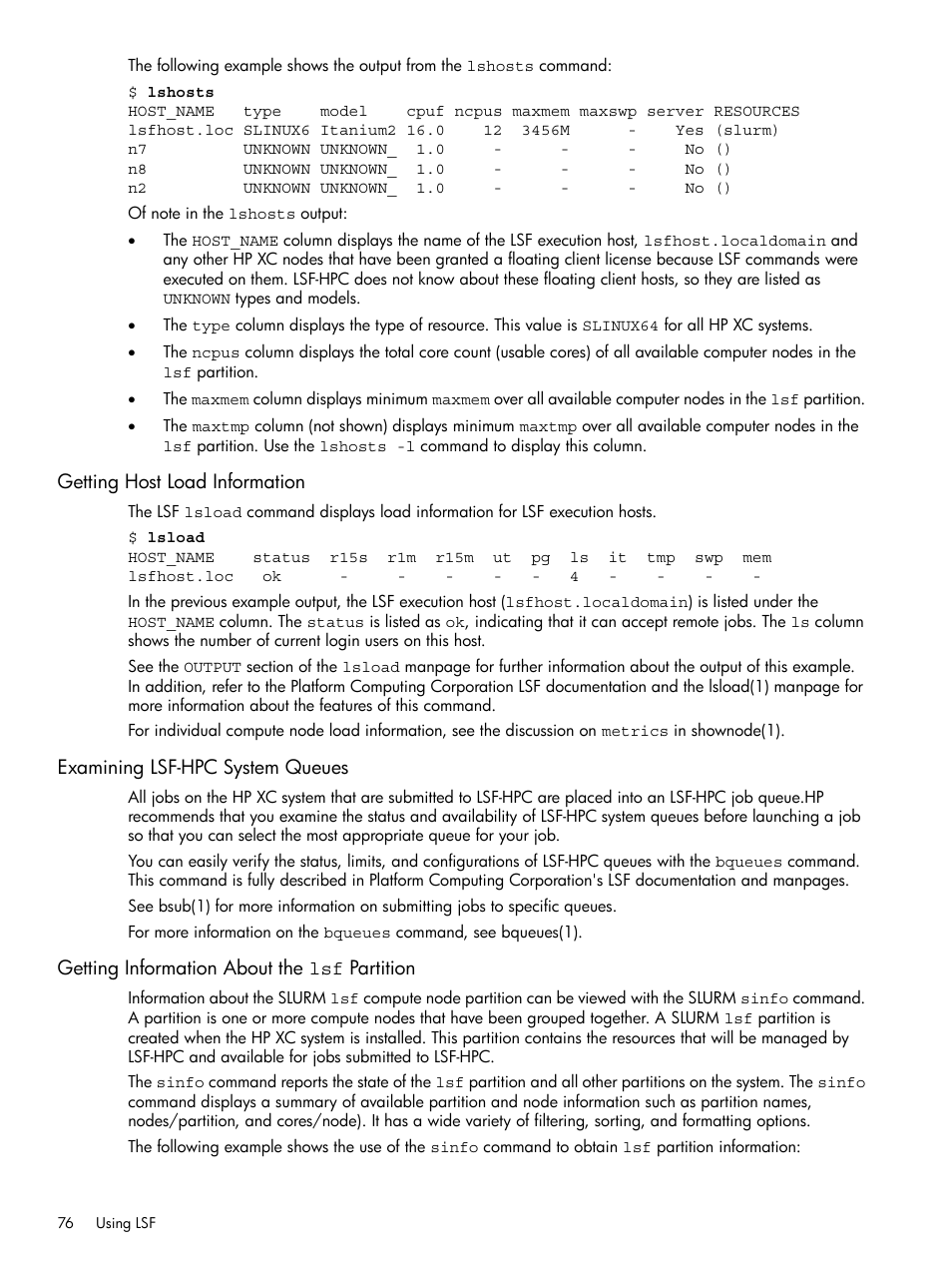 Getting host load information, Examining lsf-hpc system queues, Getting information about the lsf partition | Examining lsf-hpc system, Getting host load, Getting information | HP XC System 3.x Software User Manual | Page 76 / 118