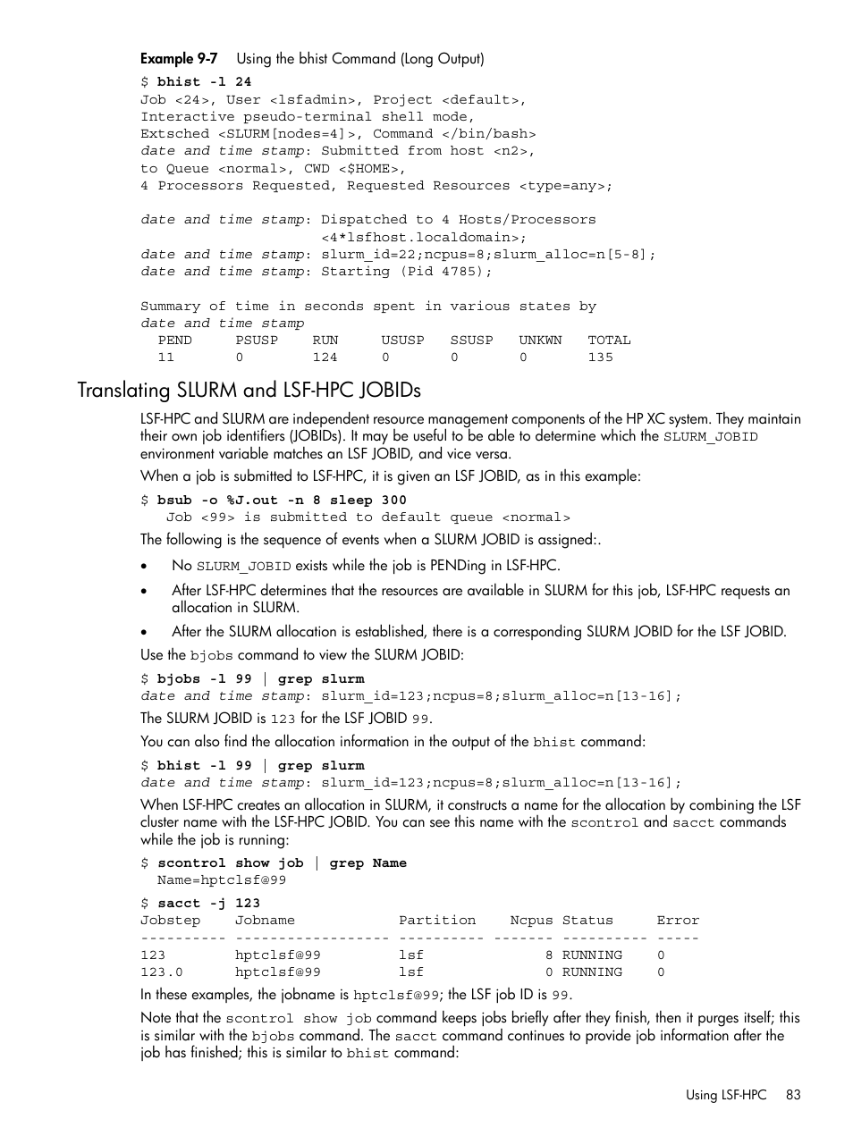 Translating slurm and lsf-hpc jobids, 7 using the bhist command (long output), Example 9-7 | HP XC System 3.x Software User Manual | Page 83 / 118