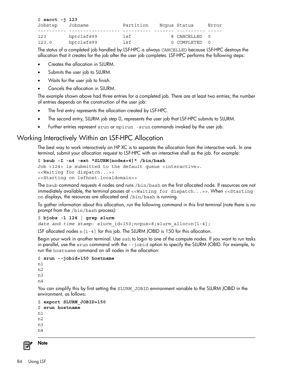 Working interactively within an lsf-hpc allocation | HP XC System 3.x Software User Manual | Page 84 / 118