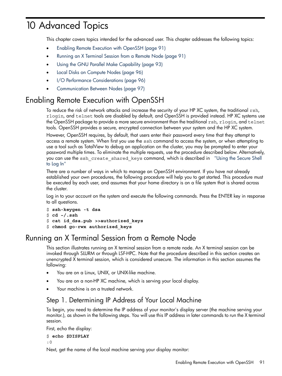 10 advanced topics, Enabling remote execution with openssh, Running an x terminal session from a remote node | HP XC System 3.x Software User Manual | Page 91 / 118