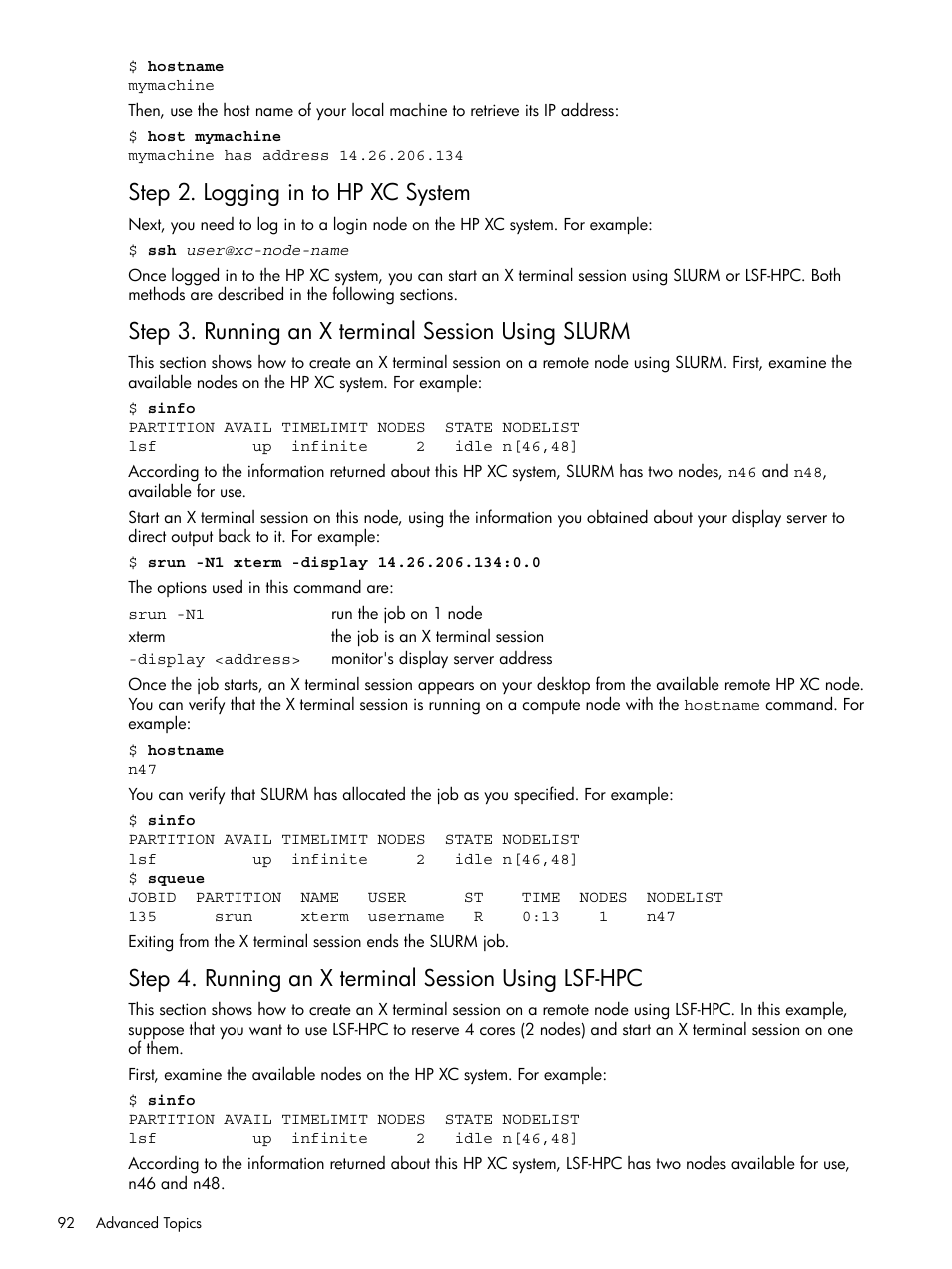 Step 2. logging in to hp xc system, Step 3. running an x terminal session using slurm | HP XC System 3.x Software User Manual | Page 92 / 118