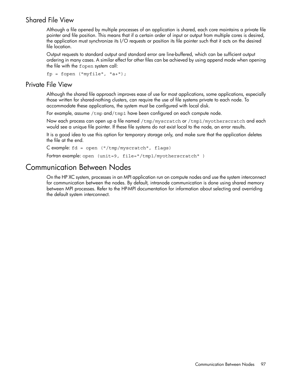 Shared file view, Private file view, Communication between nodes | Shared file view private file view | HP XC System 3.x Software User Manual | Page 97 / 118