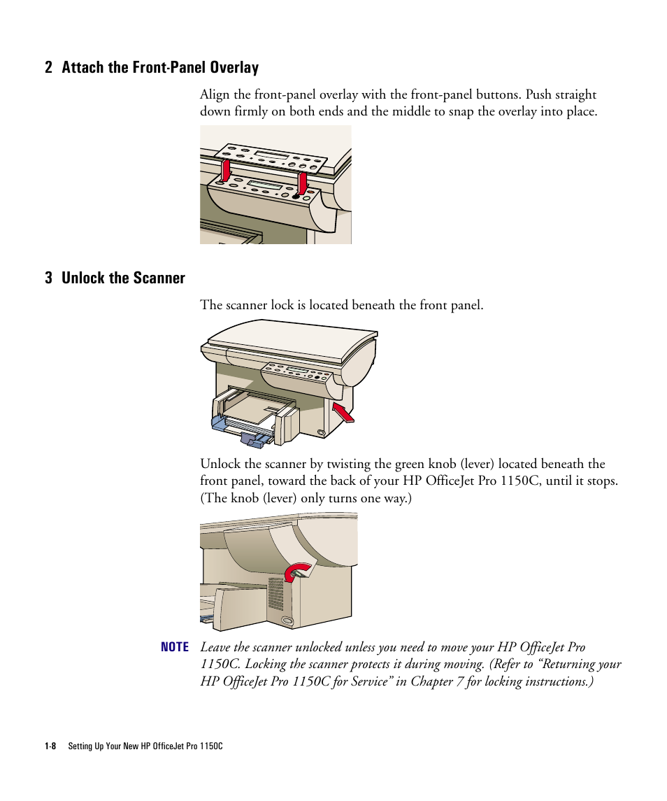 2 attach the front-panel overlay, 3 unlock the scanner | HP Officejet Pro 1150cse All-in-One Printer User Manual | Page 13 / 74