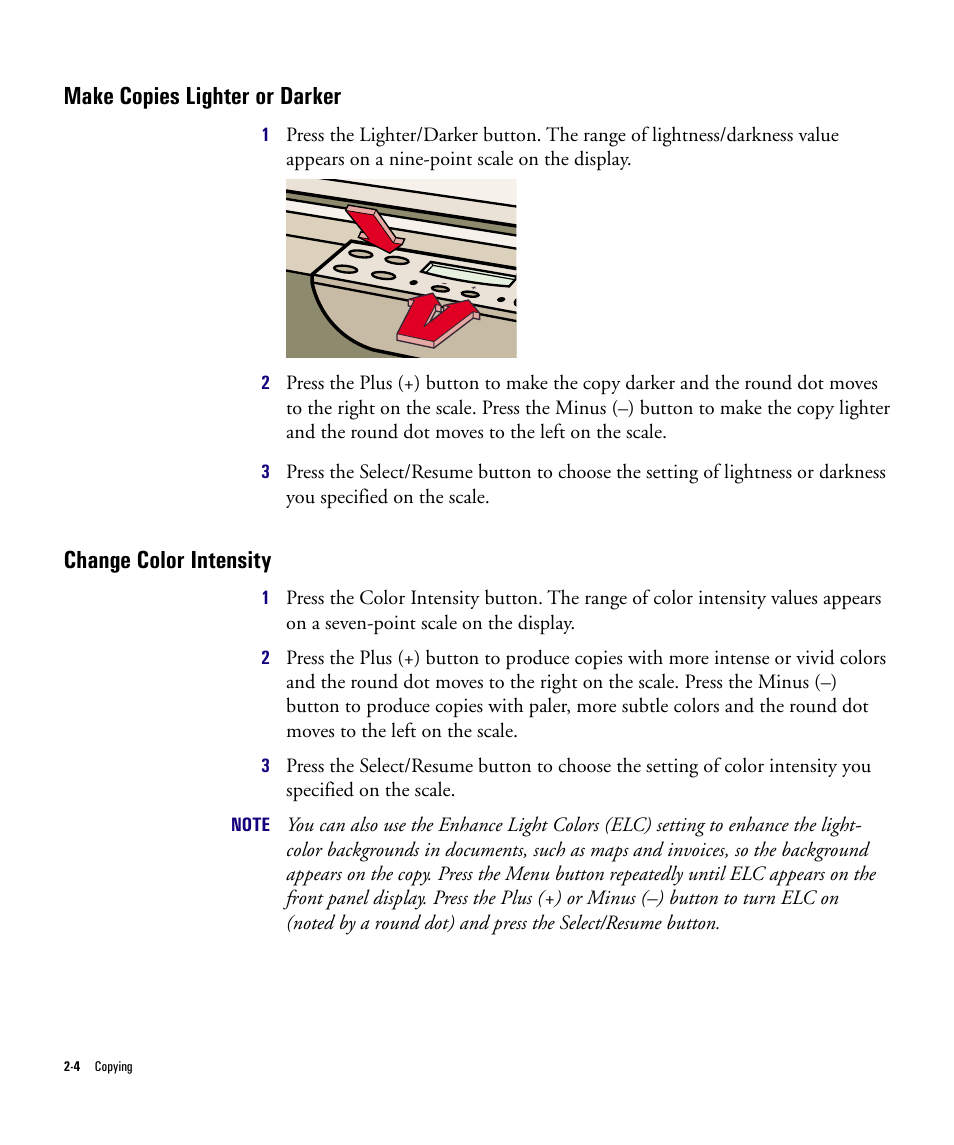 Make copies lighter or darker, Change color intensity | HP Officejet Pro 1150cse All-in-One Printer User Manual | Page 33 / 74