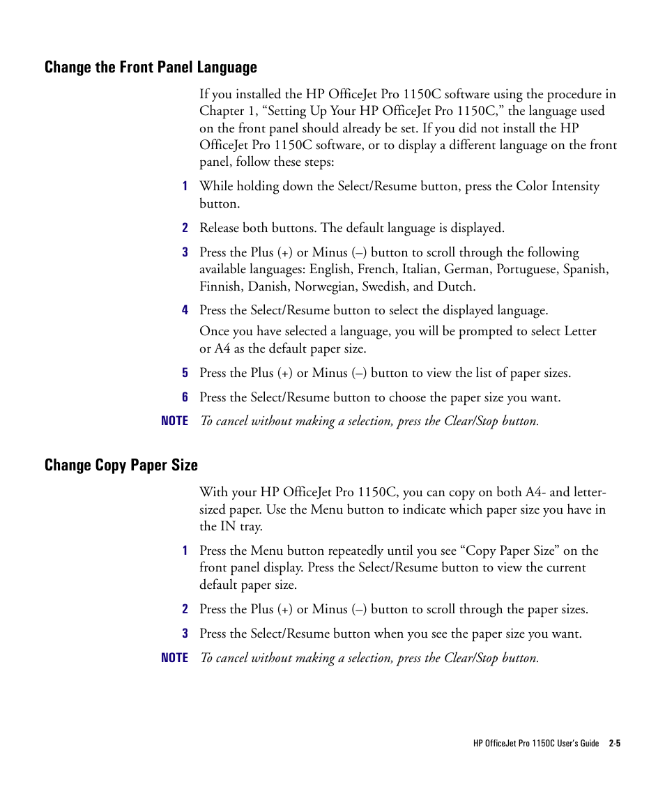 Change the front panel language, Change copy paper size | HP Officejet Pro 1150cse All-in-One Printer User Manual | Page 34 / 74