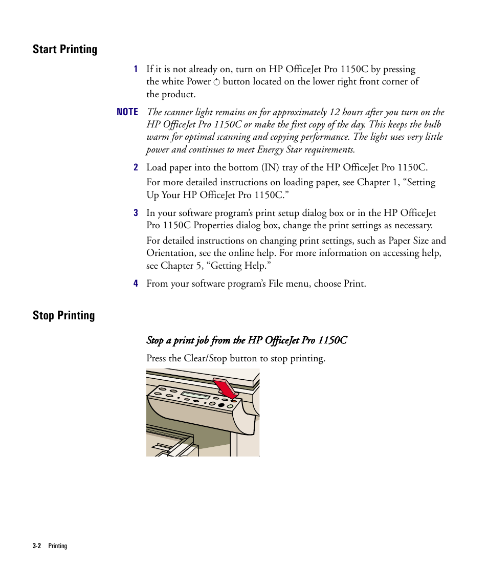 Start printing, Stop printing | HP Officejet Pro 1150cse All-in-One Printer User Manual | Page 37 / 74