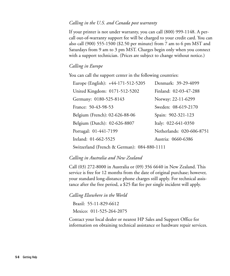 Calling in the u.s. and canada post warranty, Calling in europe, Calling in australia and new zealand | Calling elsewhere in the world | HP Officejet Pro 1150cse All-in-One Printer User Manual | Page 52 / 74