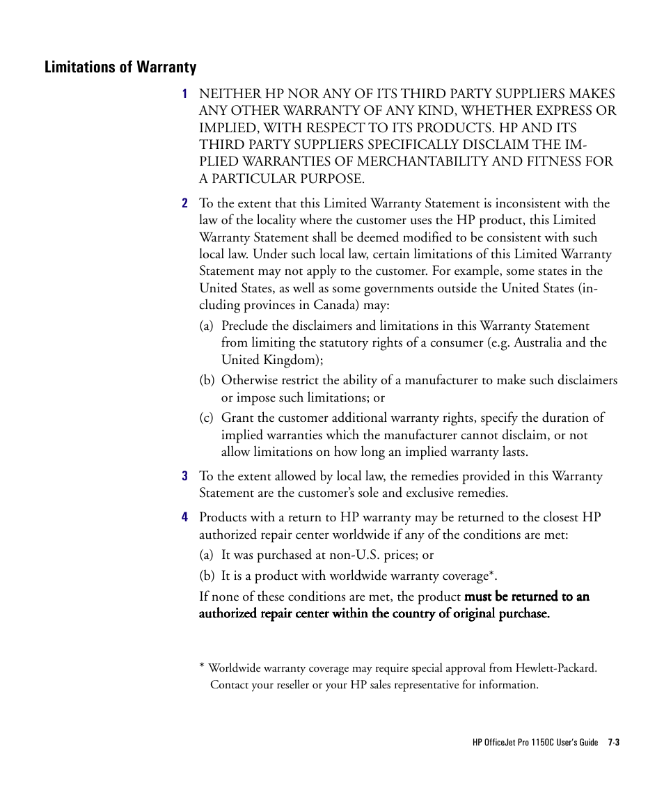 Limitations of warranty | HP Officejet Pro 1150cse All-in-One Printer User Manual | Page 61 / 74