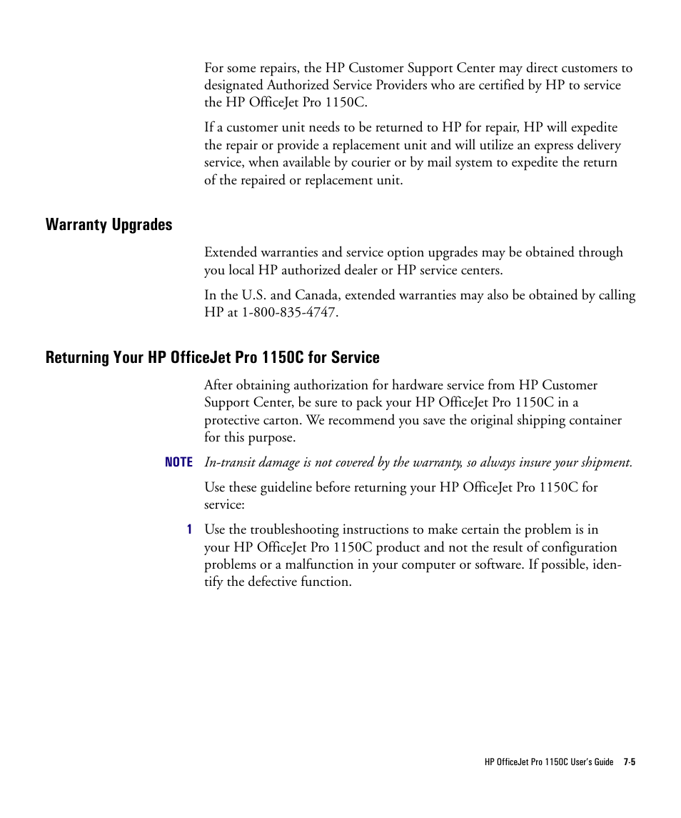 Warranty upgrades, Returning your hp officejet pro 1150c for service | HP Officejet Pro 1150cse All-in-One Printer User Manual | Page 63 / 74