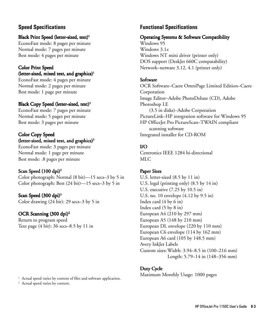 Speed specifications, Functional specifications | HP Officejet Pro 1150cse All-in-One Printer User Manual | Page 67 / 74