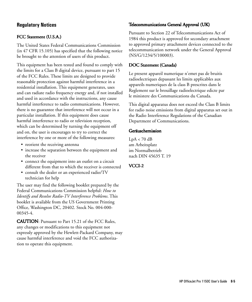 Regulatory notices | HP Officejet Pro 1150cse All-in-One Printer User Manual | Page 69 / 74