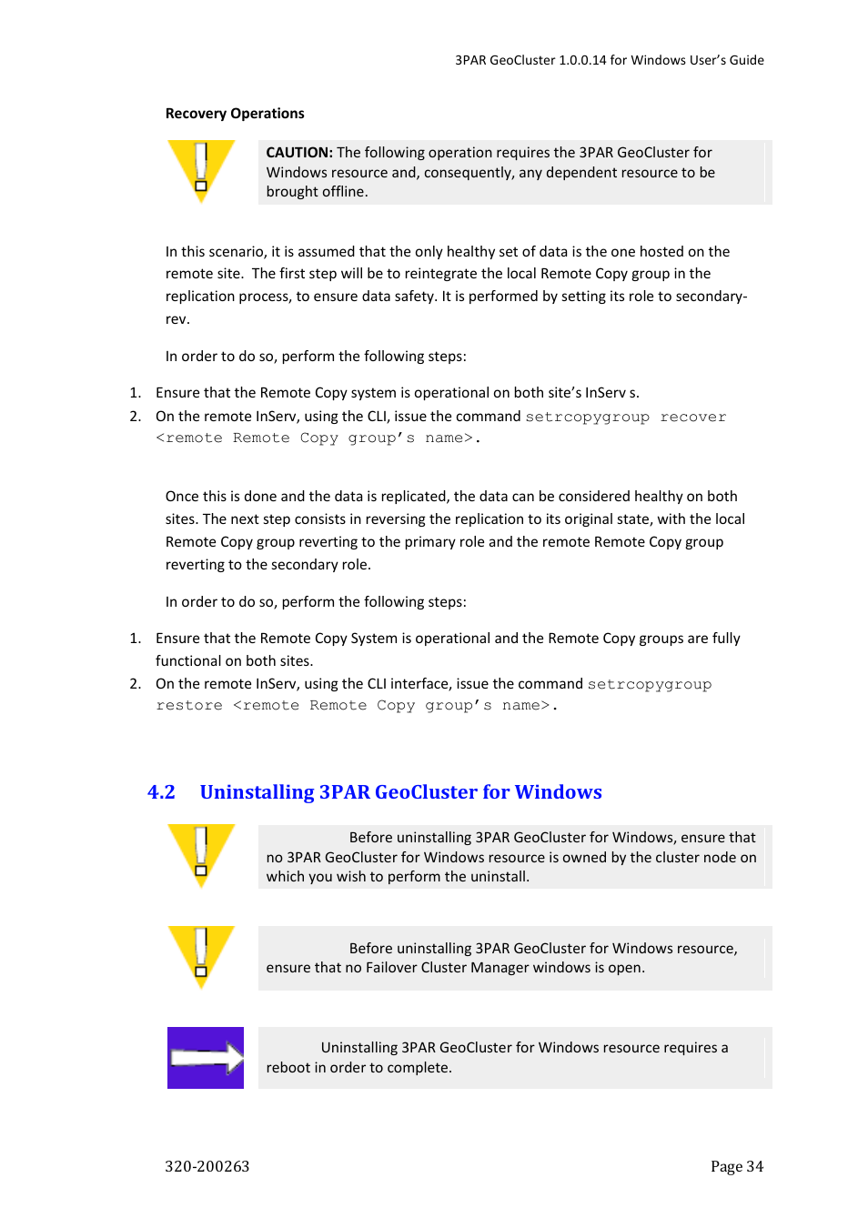 2 uninstalling 3par geocluster for windows | HP 3PAR Geocluster Software User Manual | Page 34 / 49