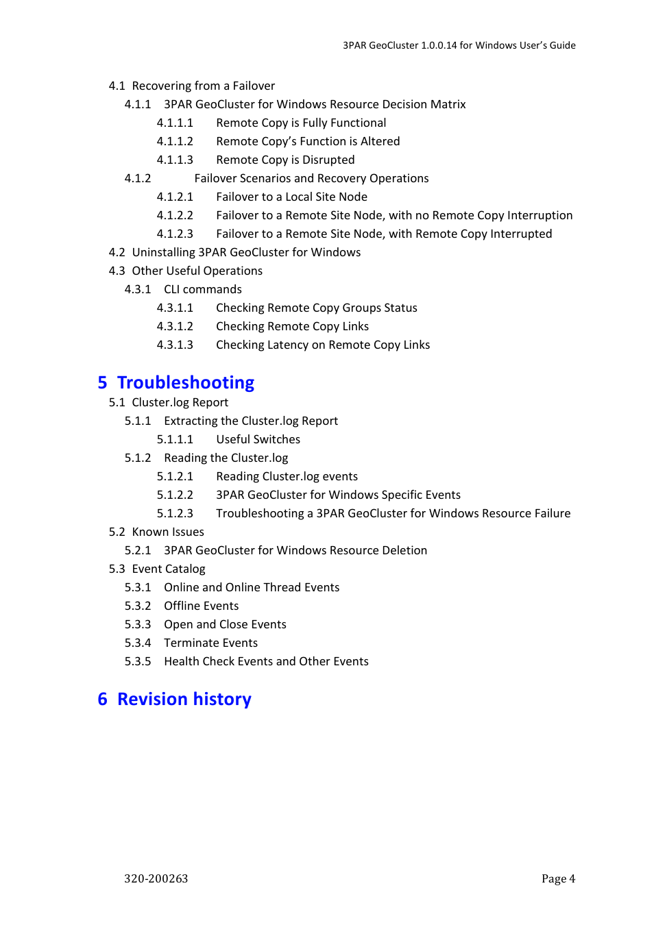 5 troubleshooting, 6 revision history | HP 3PAR Geocluster Software User Manual | Page 4 / 49