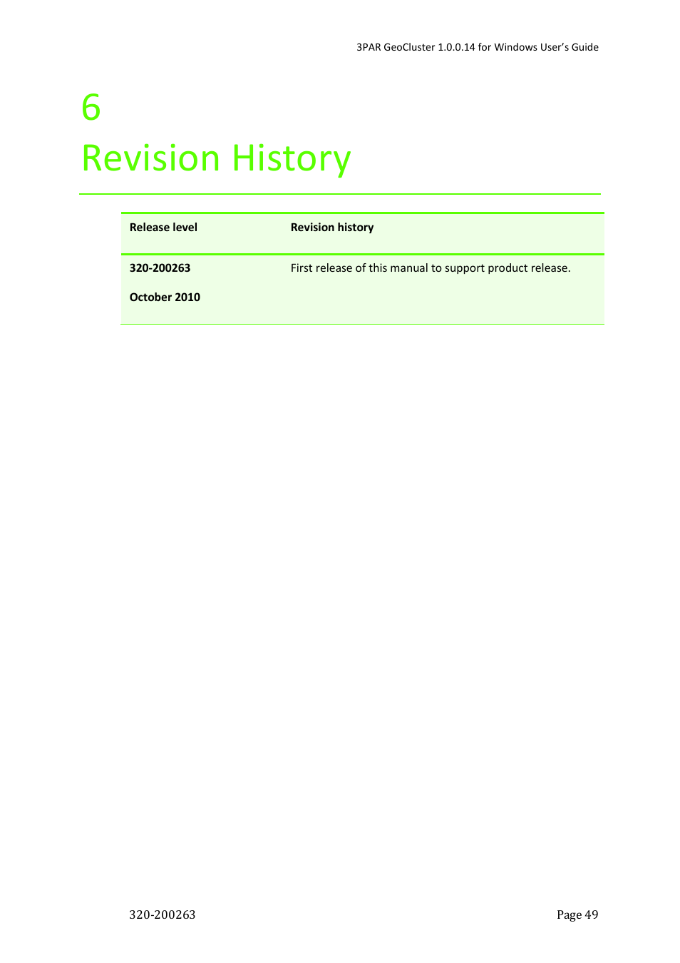 6 revision history | HP 3PAR Geocluster Software User Manual | Page 49 / 49