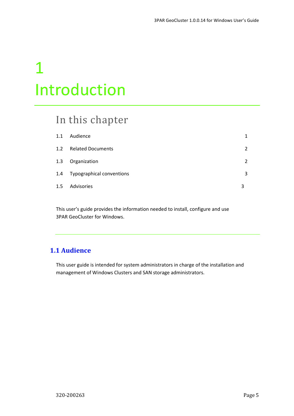 1 introduction, 1 audience | HP 3PAR Geocluster Software User Manual | Page 5 / 49