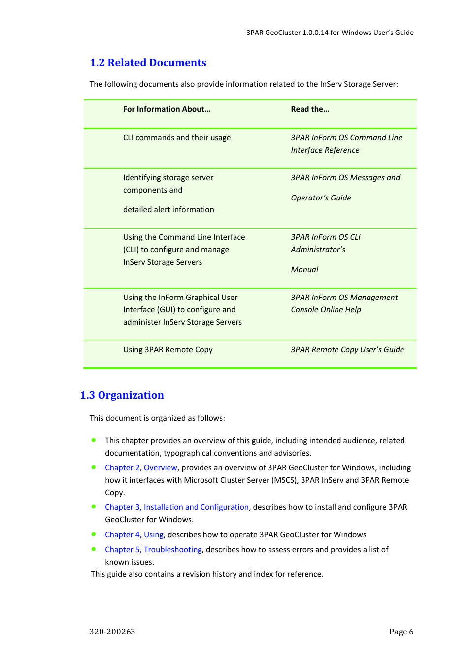 2 related documents, 3 organization | HP 3PAR Geocluster Software User Manual | Page 6 / 49