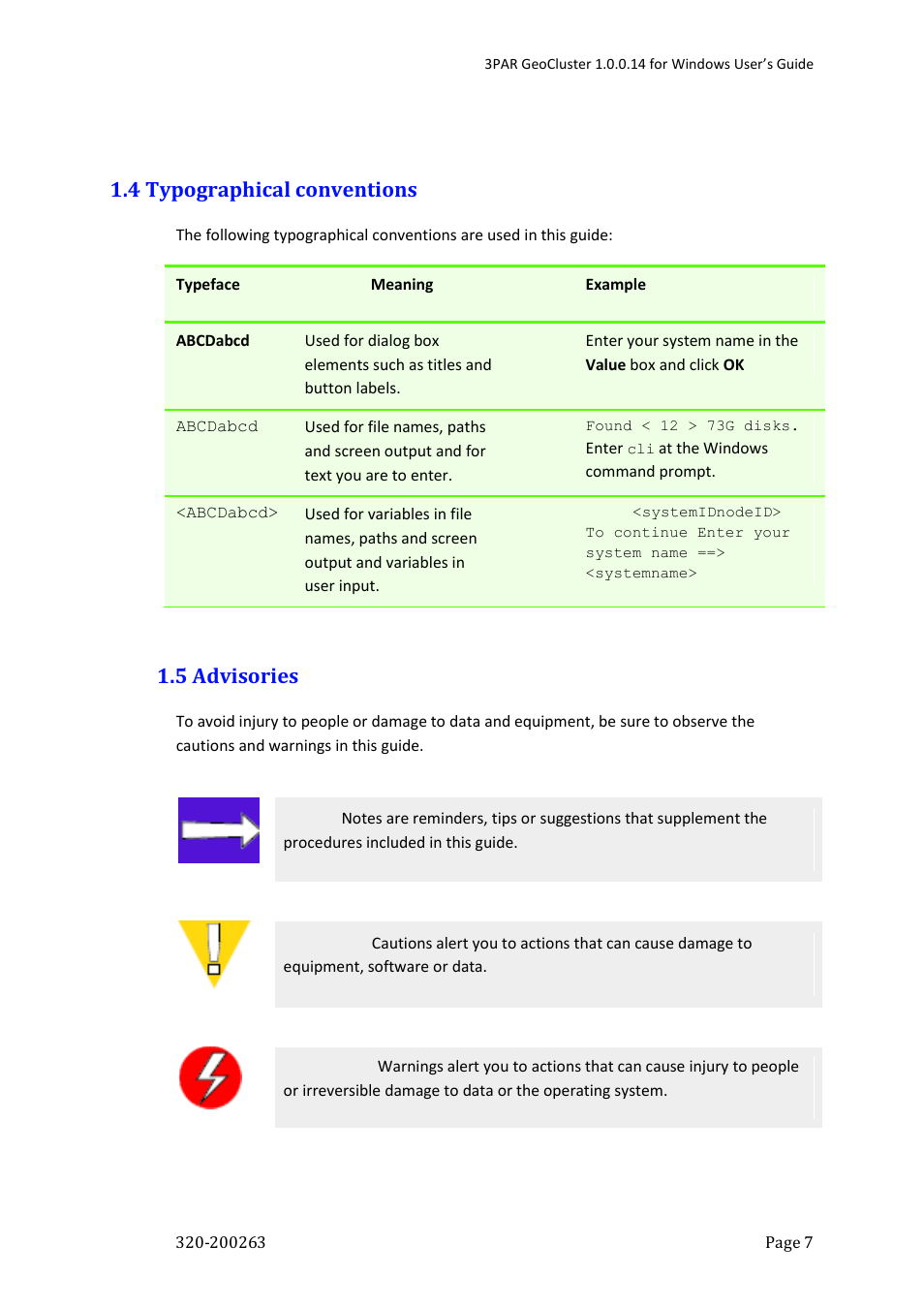 4 typographical conventions, 5 advisories | HP 3PAR Geocluster Software User Manual | Page 7 / 49