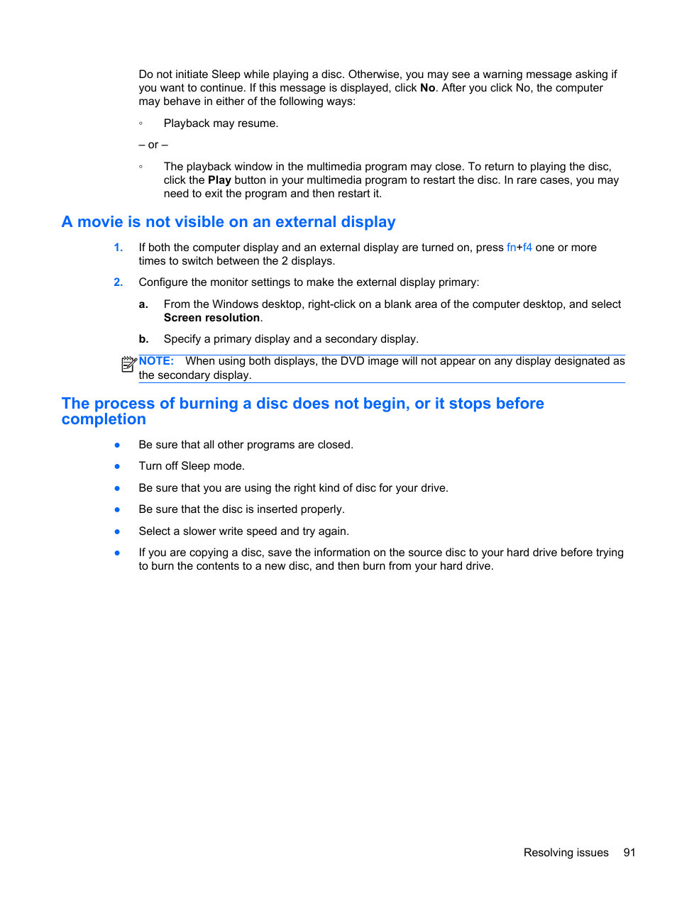 A movie is not visible on an external display | HP 242 G1 Notebook PC User Manual | Page 101 / 105