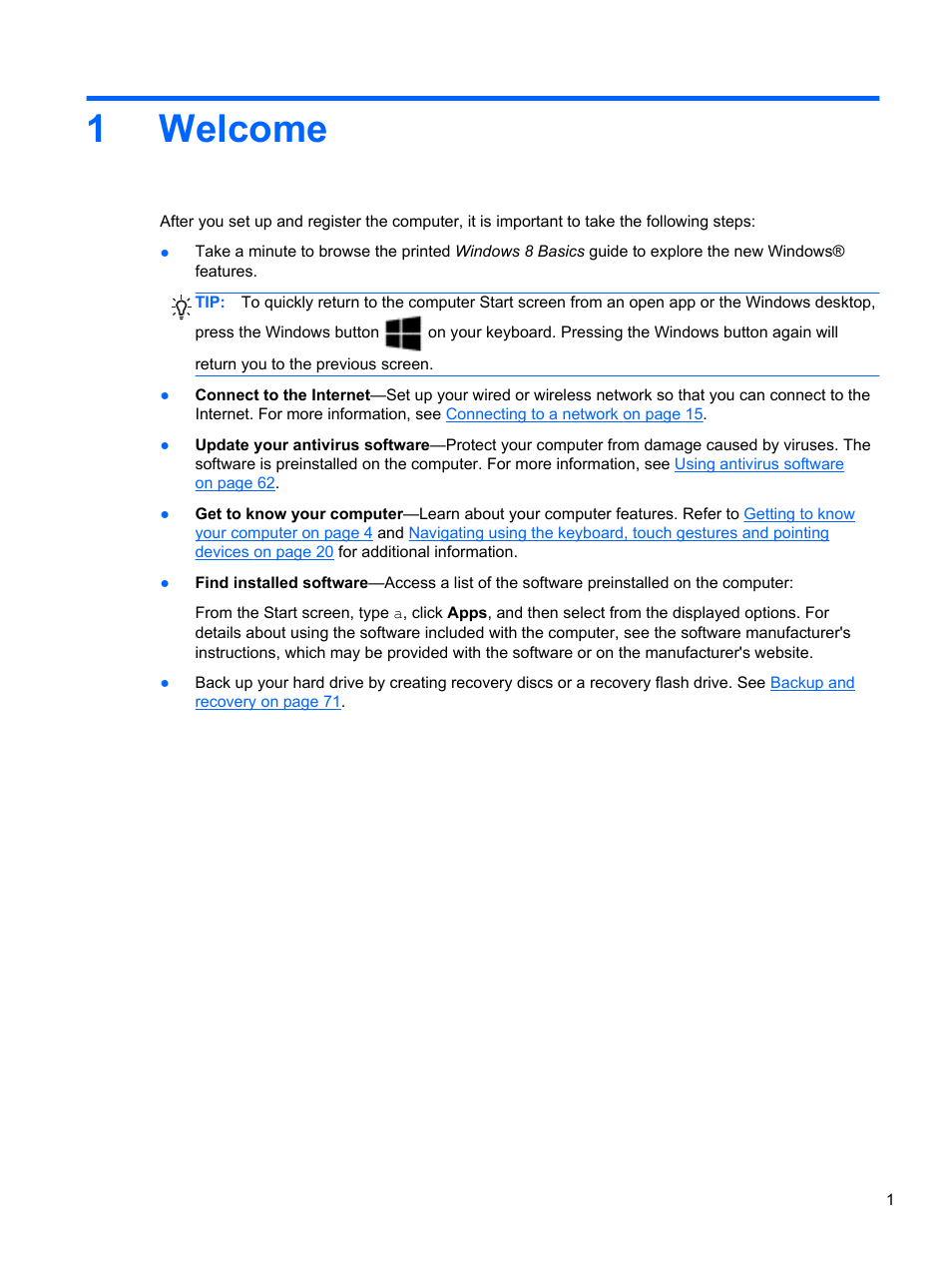 Welcome, 1 welcome, 1welcome | HP 242 G1 Notebook PC User Manual | Page 11 / 105