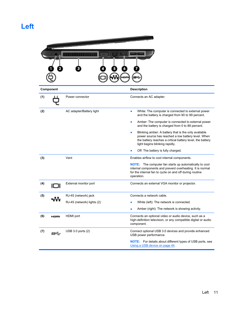 Left, Left 11 | HP 242 G1 Notebook PC User Manual | Page 21 / 105