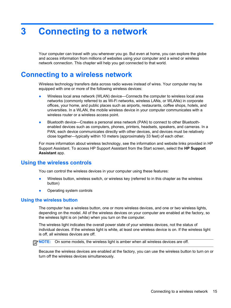 Connecting to a network, Connecting to a wireless network, Using the wireless controls | Using the wireless button, 3 connecting to a network, 3connecting to a network | HP 242 G1 Notebook PC User Manual | Page 25 / 105