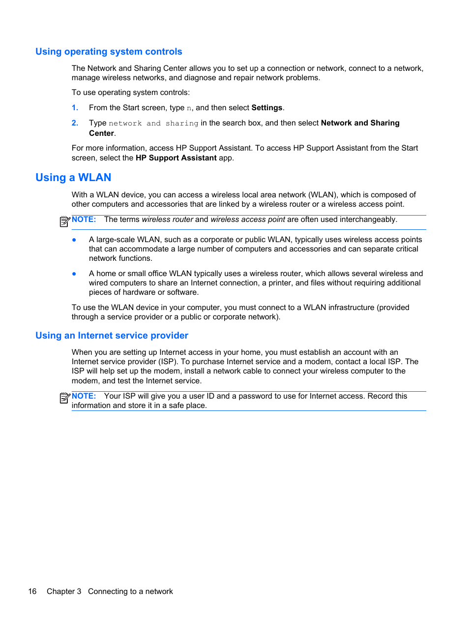 Using operating system controls, Using a wlan, Using an internet service provider | HP 242 G1 Notebook PC User Manual | Page 26 / 105