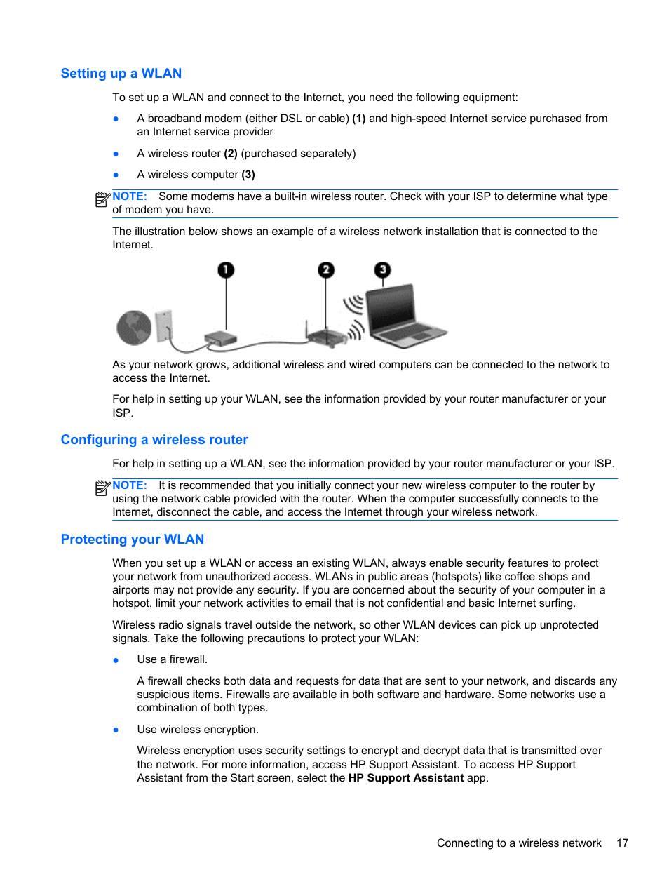 Setting up a wlan, Configuring a wireless router, Protecting your wlan | HP 242 G1 Notebook PC User Manual | Page 27 / 105