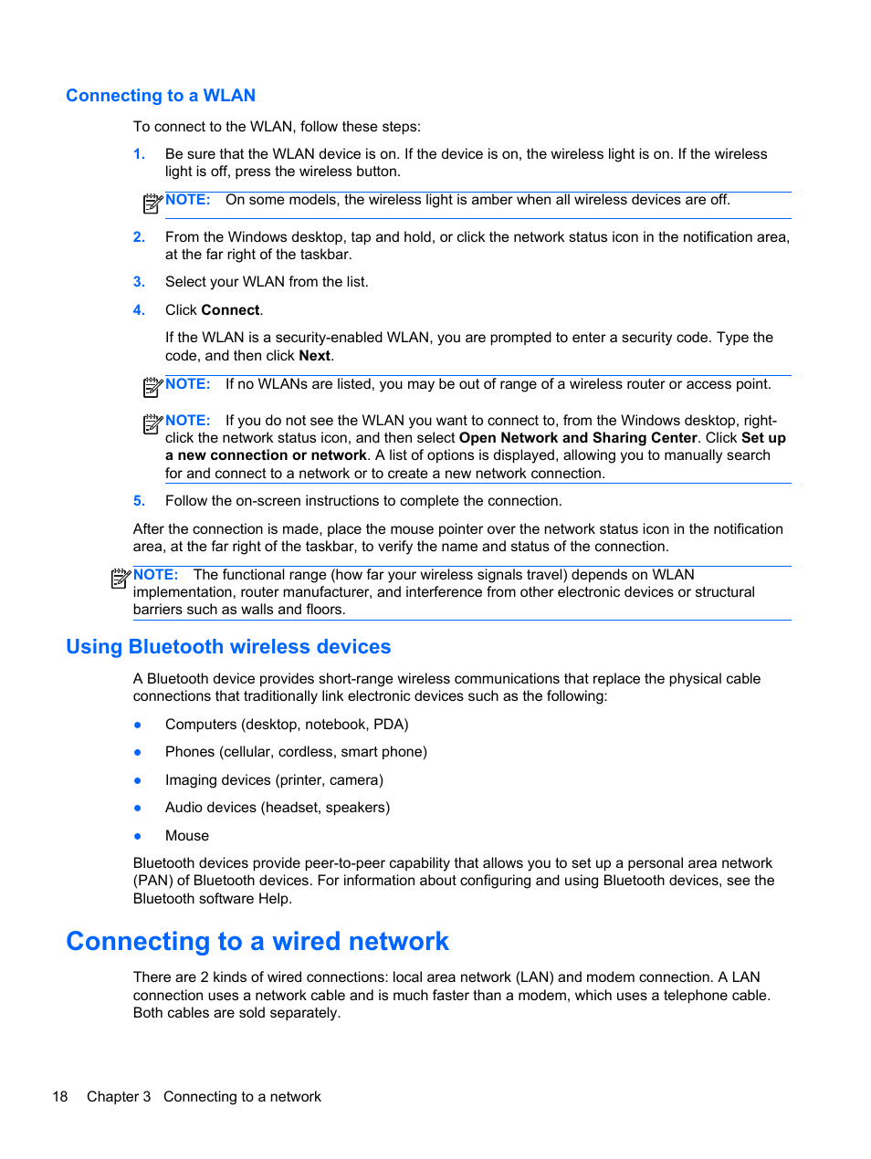 Connecting to a wlan, Using bluetooth wireless devices, Connecting to a wired network | HP 242 G1 Notebook PC User Manual | Page 28 / 105