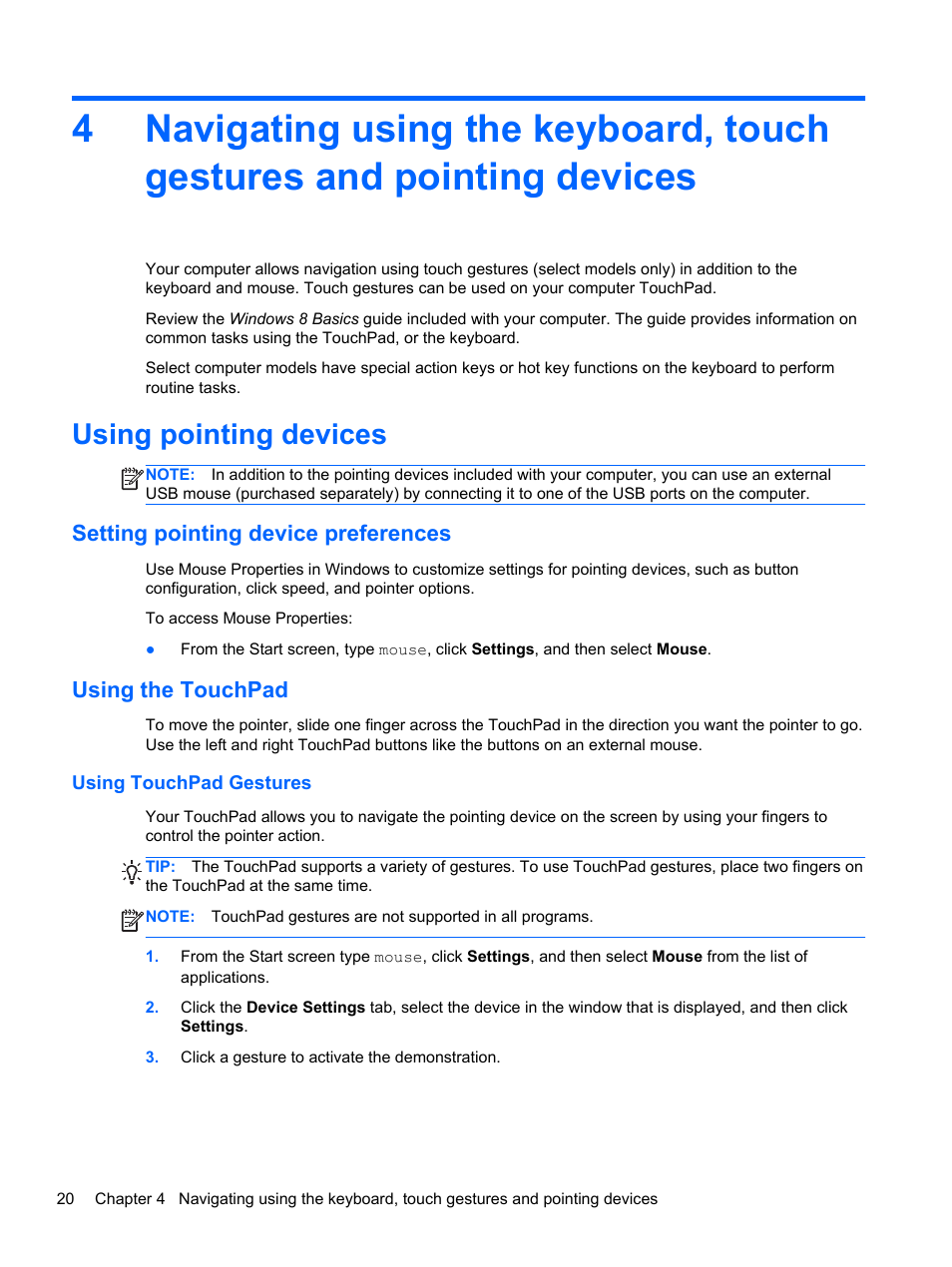 Using pointing devices, Setting pointing device preferences, Using the touchpad | Using touchpad gestures | HP 242 G1 Notebook PC User Manual | Page 30 / 105