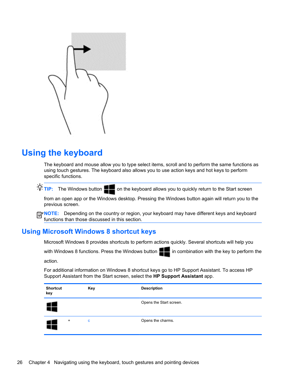 Using the keyboard, Using microsoft windows 8 shortcut keys | HP 242 G1 Notebook PC User Manual | Page 36 / 105