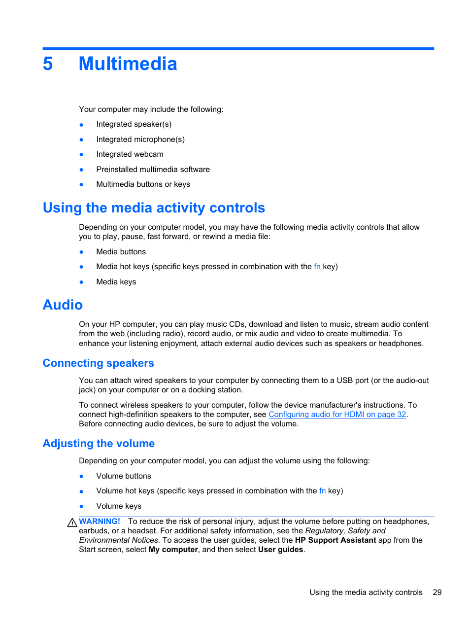 Multimedia, Using the media activity controls, Audio | Connecting speakers, Adjusting the volume, 5 multimedia, Using the media activity controls audio, Connecting speakers adjusting the volume, 5multimedia | HP 242 G1 Notebook PC User Manual | Page 39 / 105