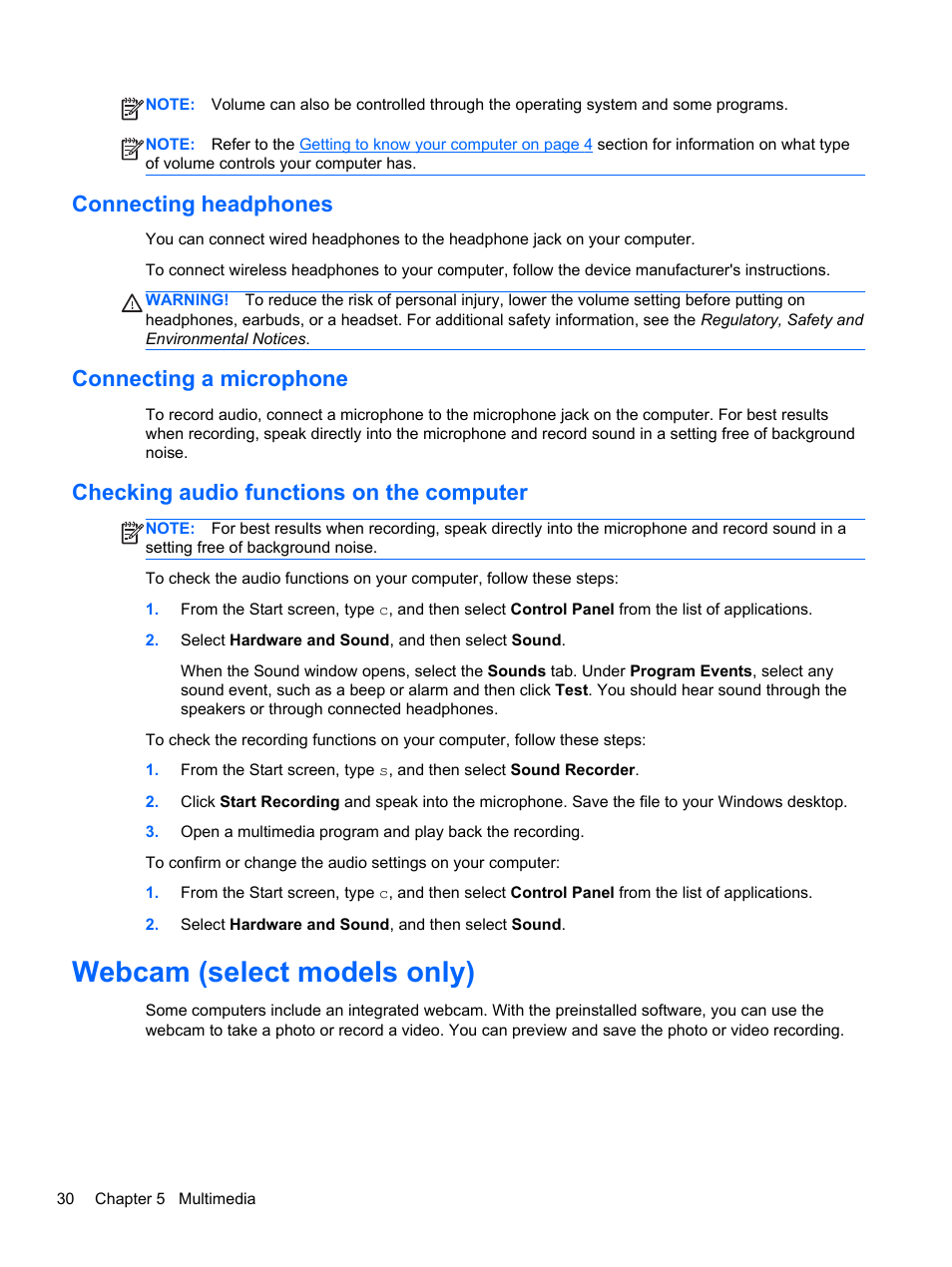 Connecting headphones, Connecting a microphone, Checking audio functions on the computer | Webcam (select models only) | HP 242 G1 Notebook PC User Manual | Page 40 / 105