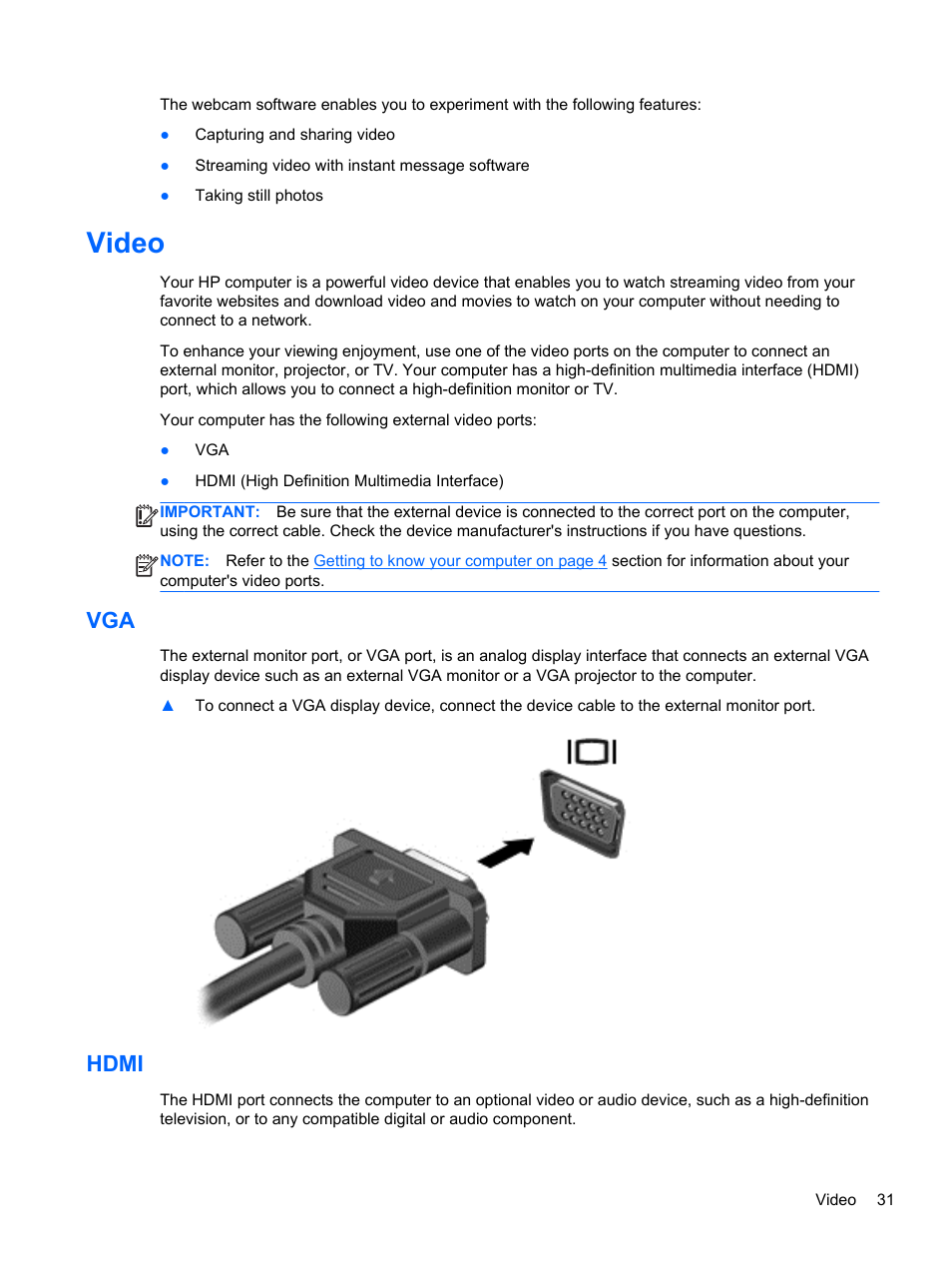 Video, Hdmi, Vga hdmi | HP 242 G1 Notebook PC User Manual | Page 41 / 105
