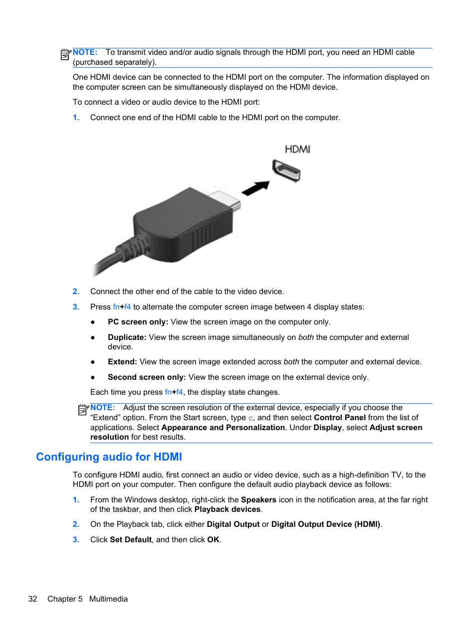 Configuring audio for hdmi | HP 242 G1 Notebook PC User Manual | Page 42 / 105