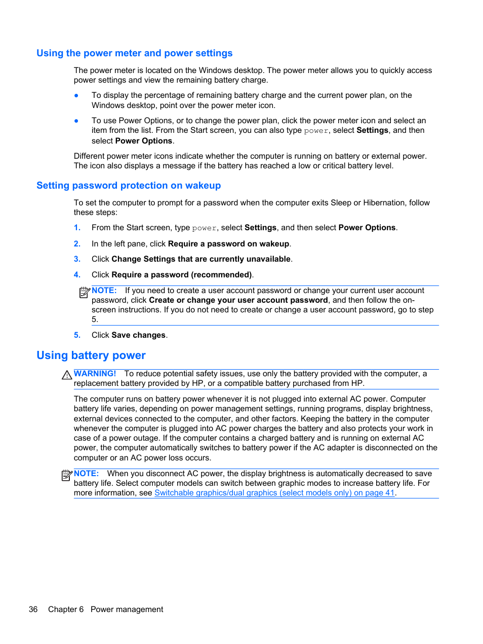 Using the power meter and power settings, Setting password protection on wakeup, Using battery power | HP 242 G1 Notebook PC User Manual | Page 46 / 105