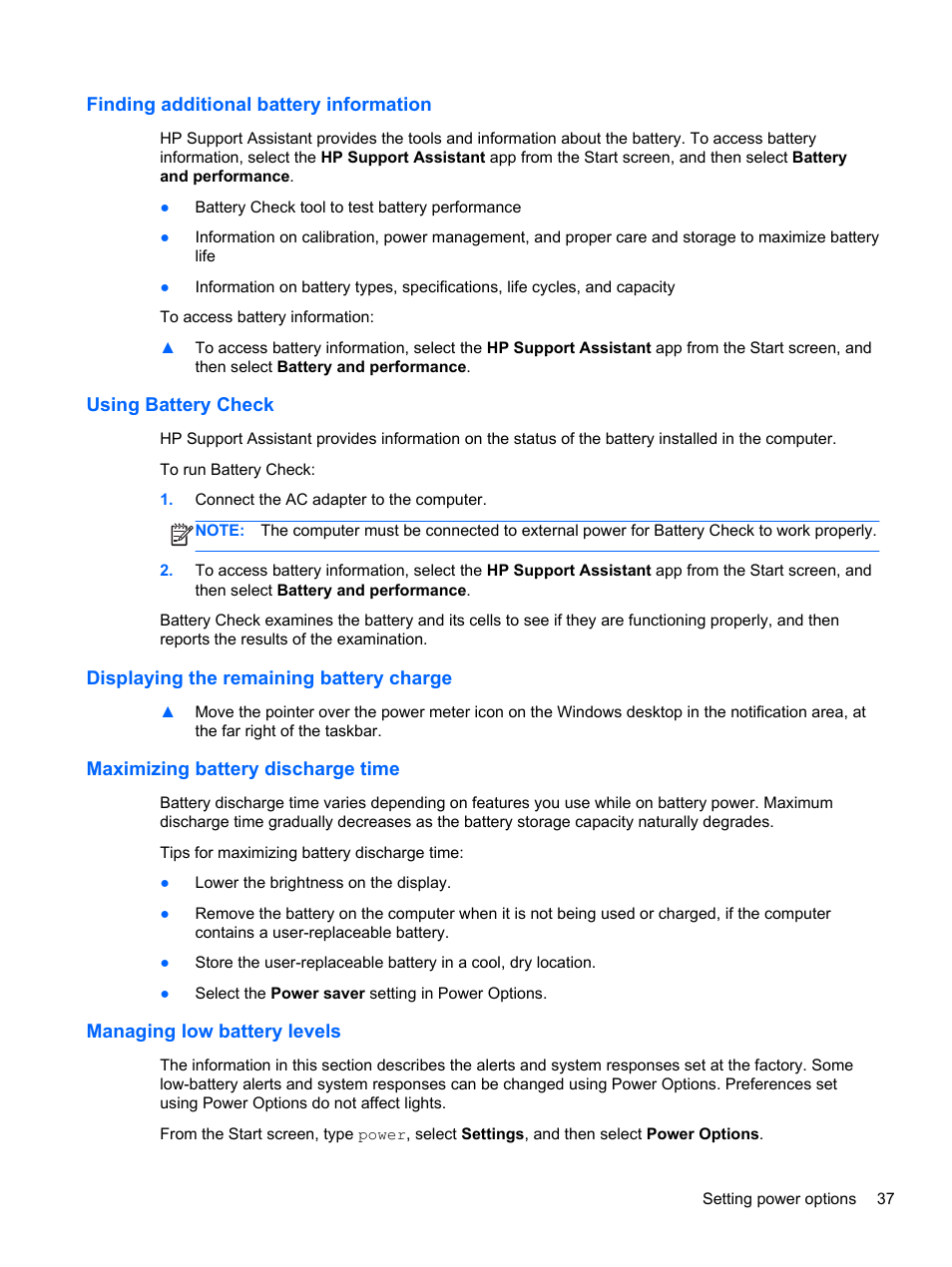 Finding additional battery information, Using battery check, Displaying the remaining battery charge | Maximizing battery discharge time, Managing low battery levels | HP 242 G1 Notebook PC User Manual | Page 47 / 105