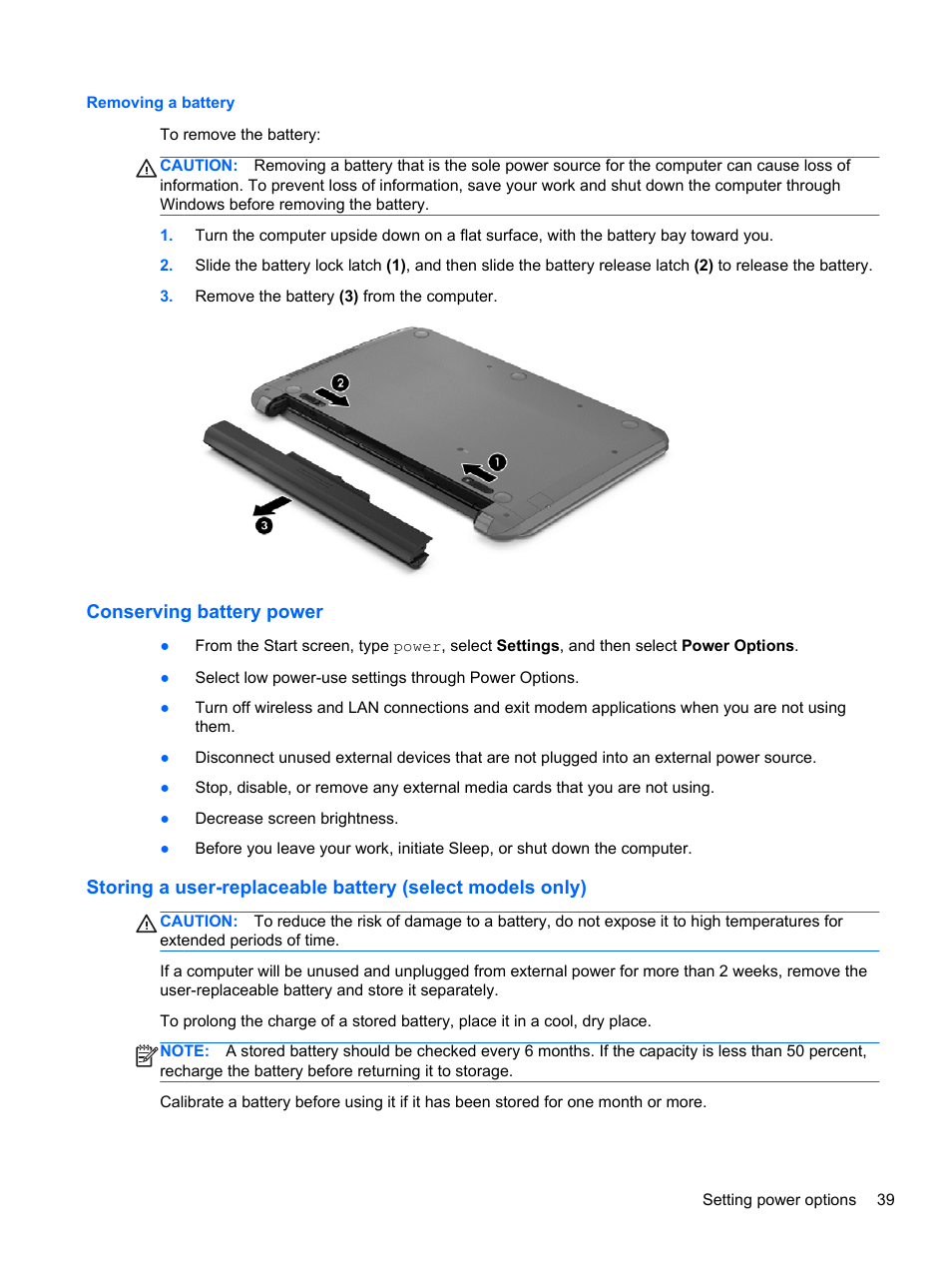 Removing a battery, Conserving battery power | HP 242 G1 Notebook PC User Manual | Page 49 / 105