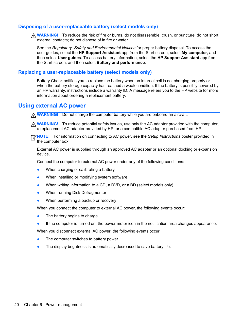 Using external ac power | HP 242 G1 Notebook PC User Manual | Page 50 / 105