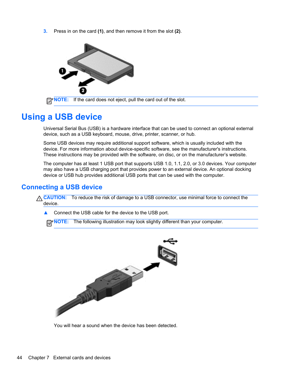 Using a usb device, Connecting a usb device | HP 242 G1 Notebook PC User Manual | Page 54 / 105