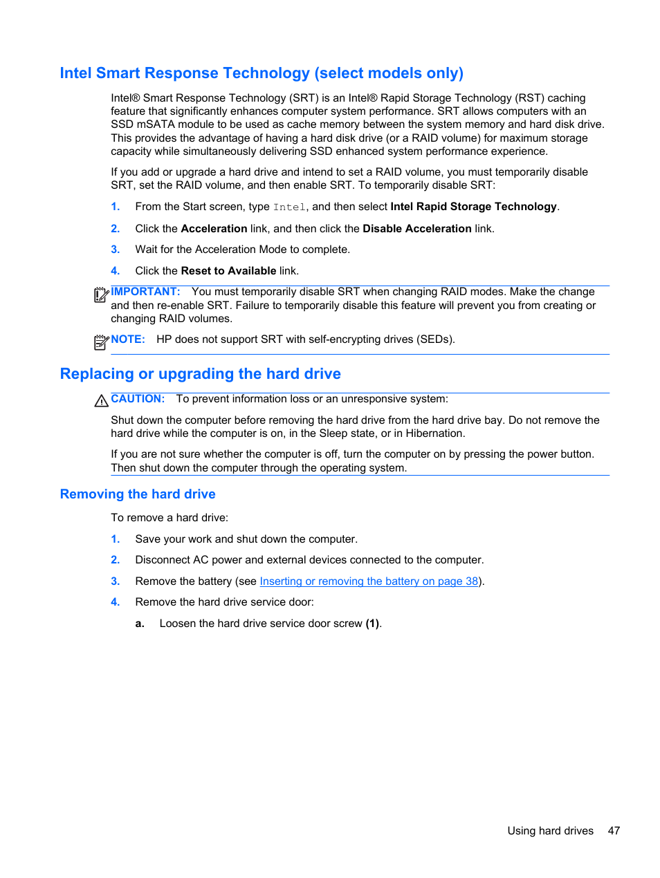 Replacing or upgrading the hard drive, Removing the hard drive | HP 242 G1 Notebook PC User Manual | Page 57 / 105
