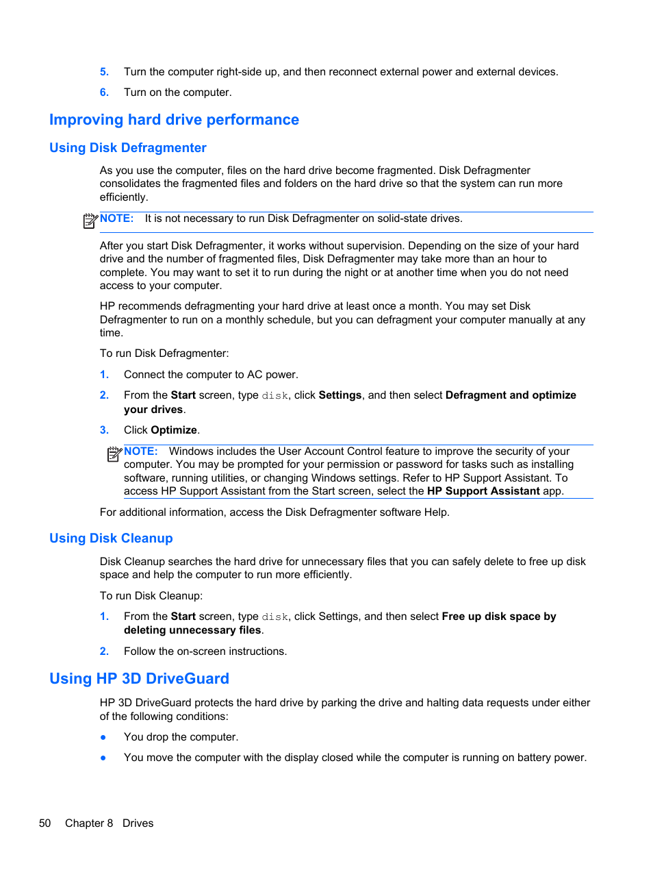 Improving hard drive performance, Using disk defragmenter, Using disk cleanup | Using hp 3d driveguard, Using disk defragmenter using disk cleanup | HP 242 G1 Notebook PC User Manual | Page 60 / 105