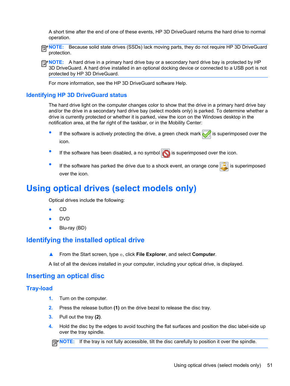 Identifying hp 3d driveguard status, Using optical drives (select models only), Identifying the installed optical drive | Inserting an optical disc, Tray-load | HP 242 G1 Notebook PC User Manual | Page 61 / 105