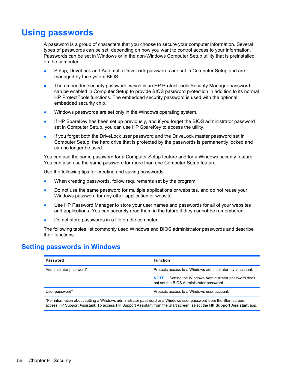 Using passwords, Setting passwords in windows | HP 242 G1 Notebook PC User Manual | Page 66 / 105