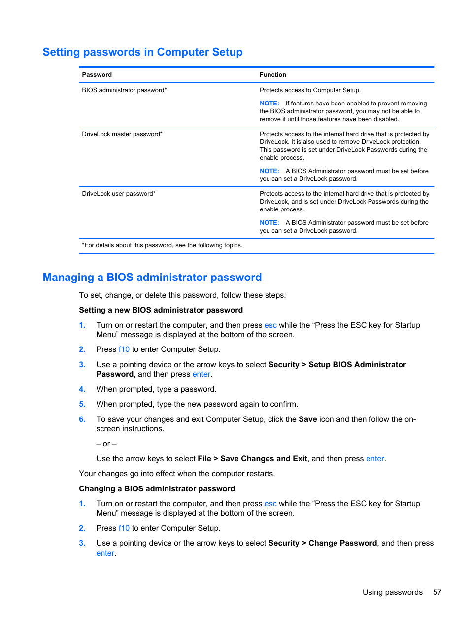 Setting passwords in computer setup, Managing a bios administrator password | HP 242 G1 Notebook PC User Manual | Page 67 / 105